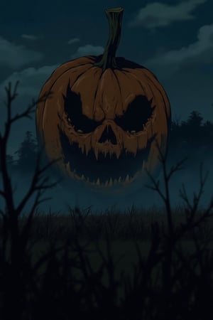 A J-horror anime scene featuring a giant, gigantic, scary pumpkin creature looming ominously in the background. The pumpkin creature has a twisted, unsettling expression, with hollow eyes and a jagged, menacing grin. The scene is set in a dark, foggy field, with the pumpkin creature casting eerie shadows. The composition is centered on the pumpkin creature, with the background slightly blurred, emphasizing its creepy presence. The atmosphere is tense and foreboding, with a sense of impending doom.