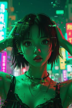 A Korean niji girl with green glitch art effects distorting her appearance, standing in a vibrant, futuristic cityscape. The scene is framed with a close-up shot, focusing on her expressive eyes and animated facial expressions. The lighting is a mix of neon greens and purples, casting a surreal glow on her face. Her pose is dynamic, with her arms raised in a playful gesture, surrounded by digital artifacts and pixelated distortions.