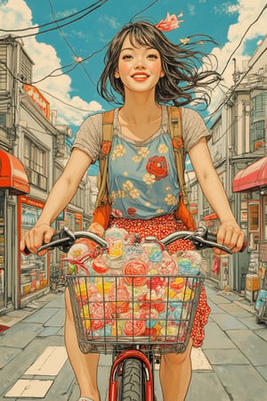 A vibrant scene in Yuko Shimizu's art style, featuring a girl riding a bicycle and happily buying candy. The framing captures her from the waist up, with her joyful expression and the colorful candy prominently displayed. The lighting is bright and cheerful, reflecting her happy mood and the lively atmosphere. The composition is dynamic, with her animated pose and the bustling street life around her. The location is a lively urban area, with the girl's bicycle and candy adding to the vibrant scene.