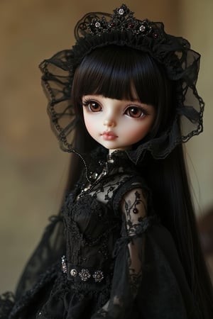 A cute doll dressed as a gothic princess, with dark, elegant attire featuring intricate lace and velvet details. The doll is framed in a close-up shot, capturing her delicate features and the dramatic elements of her outfit. Soft, warm lighting enhances the dark, mysterious atmosphere. The composition centers on the doll, with a slight tilt to add a regal touch. The background is a subtle, muted pattern to keep the focus on the doll's charm.