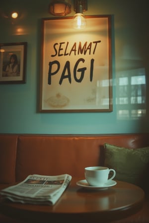 A VHS effect-laden image of a coffee shop cafe, capturing the nostalgic graininess and color distortions. The scene is framed with a written poster SELAMAT PAGI on the wall, and a nicely arranged table with a cup of hot tea and a newspaper. The lighting is soft and diffused, with a warm, golden hue. The composition emphasizes the cozy atmosphere, with a slight tilt to add to the retro feel. The shot is slightly tilted, adding to the vintage feel.