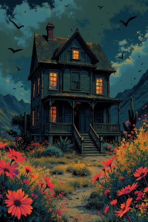 A manga-style illustration featuring a big haunted house, inspired by Yakuza Kamui and Georgia O'Keeffe's art. The house stands ominously, surrounded by abstract, vibrant desert flowers, blending traditional and abstract elements. The lighting is eerie, casting long shadows, emphasizing the spooky atmosphere. The composition is centered on the haunted house, capturing its mysterious and foreboding presence.