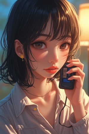 A student girl, in the style of anime aesthetic, is depicted in a close-up shot, listening to music through a walkman with a cassette tape. Her expression is focused and serene, with soft lighting highlighting her delicate features. The composition captures the nostalgic and whimsical essence of the anime aesthetic, with attention to detail in her casual outfit and the walkman.