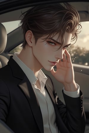 Anime style, exquisite male character, charming and confident, driving a luxury car, medium shot, detailed facial features, expressive eyes, stylish outfit, sleek car interior, soft ambient lighting, focus on the character's charisma and elegance, dynamic pose, emphasis on the luxurious and sophisticated atmosphere.