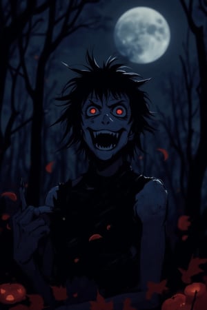 A J-horror anime scene featuring a vampire during the Halloween season. The vampire has a menacing, yet alluring appearance, with sharp fangs and glowing red eyes. The scene is set in a dark, eerie forest, with autumn leaves scattered around and a full moon casting an eerie glow. The composition is centered on the vampire, with the Halloween-themed background slightly blurred, emphasizing the vampire's presence. The atmosphere is tense and foreboding, with a sense of danger and allure.