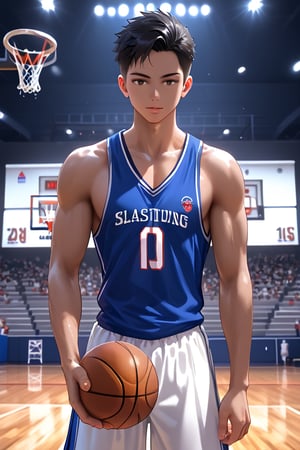 Highly detailed, High Quality, Masterpice, beautiful, (entire shot), 1boy, solo, basketball player, standing, raising one arm, without looking at the camera, turned on his back, sun is shining on the boy, head down, looking at the ground, black hair, brown light skin, muscular, number 5 on his shirt, blue clothes, basketball court, detailed background 