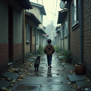 In 1990, while playing marbles in an alleyway in a neighborhood in Seoul, South Korea.
A 10-year-old running away after breaking a window in the neighborhood's basement and looking through the broken glass in the shape of a cat in a basement bathroom.