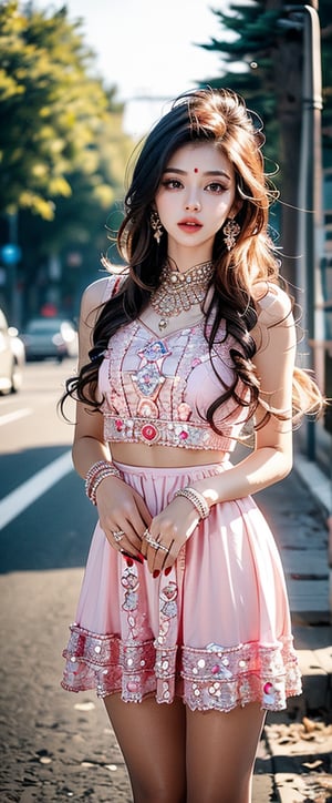 lovely  cute  young  attractive  indian  teenage  girl  in  a  pretty foreign dress,  23  years  old  ,  cute  ,  an  Instagram  model  ,  long  blonde_hair  ,  winter  ,  on the road  .  ,  „  Indian 