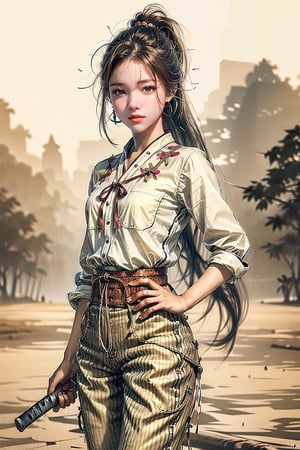 1girl, sweet, full body, background is rainy day, bright autumn, battlefield embers and burning embers burning, most beautiful korean girl, looking at viewer, 18yo, oversized eyes, big eyes, ((cowboy shot: 1.5)), female samurai, holding Japanese sword, shining bracelet, beautiful hanbok (white, transparent), cape, solo, {beautiful, delicate eyes}, calm expression, natural, soft light, delicate face, very small earrings, ((model pose)), glamor body type, (neon hair:1.2), long ponytail, very_long_hair, hair past hip, curly hair, faint grain, real hands, masterpiece, top quality, realistic, very_detailed, detailed, high resolution, perfect dynamic composition, beautiful detailed eyes, eyes laughing, ((nervous and shy)), sharp focus, full_body, sexy posture, samurai girl, shining forehead, lighting, Japanese samurai sword (katana), top quality, chunk style