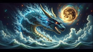 Ground-up view of a magnificent dragon emerging from the depths of the ocean, its powerful form breaking through the surface with a stunning display of swirling water and cascading bubbles. The dragon's scales shimmer like jewels, reflecting the light in hues of deep blues and iridescent greens. Its eyes blaze with fiery intensity, illuminating the dark waters around it. The atmosphere is charged with raw power, as the dragon's majestic presence creates turbulent flurries of dust and water, sending ripples across the ocean's surface. In the background, the ethereal glow of bioluminescent creatures dances in the depths, enhancing the mystical vibe. Clouds of vibrant, swirling colors mimic an explosion of spices, merging with the ocean's waves, creating a surreal masterpiece. The scene balances bright and dark elements, with rim lighting highlighting the dragon's formidable silhouette.Above, a starry galaxy stretches infinitely, with a grunge gold full moon casting its enchanting glow over the entire scene, capturing the essence of this powerful creature's rise. The painting embodies the beauty and might of the ocean's depths, blending fantasy and realism in a breathtaking display.