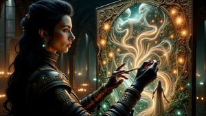 In a dimly lit room, the silhouette of an mage-woman (A black-haired maiden in a leather doublet, high canvas boots with an ornate emerald-gold strap looks into a hologram, which is shown by a modernized web-like picture tube on her left glove) casts a wind spell a winding river and looms over a (pearl-white | mother-of-pearl | colorful) sheet of (paper | wood |pearls and stones) with intertwined (fluorescent | (proton 
laser) optics) shoots that, like a haze, one after another in the order of golden harmony and section follow the entire perimeter connecting into amazing patterns of different wonderful shapes and shades), an otherworldly presence as they wield a brush dipped in (black ink | warm colors ink | cold colors ink). With an almost hypnotic grace, the mage-woman begins to draw a sign of a winding river, its serpentine path diverging into intricate tributaries that weave through the canvas like veins of imagination. Each stroke pulses with life, hinting at the power of creation and the shadows that lurk within. As the river flows, mesmerizing scenes emerge from the depths of the ink. A majestic Asari-adept from the game Mass Effect rests by a tranquil waterfall, its gaze piercing and enigmatic. Nearby, a steadfast quarian-guard (from game Mass Effect) kneels before a regal queen, the tension in the air palpable, as if time itself holds its breath. In the distance, a spaceship soars toward. Side view of the portrait in the style of Mass Effect + Alex Grey + Alphonse Mucha, Jordan Grimmer + Celtic vine 3D art + Byzantine style. Please create without bad and ugly pieces