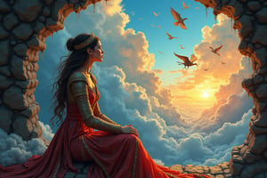 Amidst a swirling tempest of colors and shapes, a striking secular woman—whether a sorceress with shimmering energy, a warrior clad in intricately ornate medieval armor, or a cleric draped in luxurious, flowing home attire—sits gracefully by a warped window. The glass distorts her reflection as she gazes into a chaotic sky, where fantastical creatures soar: cranes with iridescent feathers, graceful roe deer with ethereal wings, swift, darting forms like fleeting shadows, and majestic dragons with scales gleaming like shards of shattered glass. The sky itself is a tumultuous canvas, alternating between the serene blush of dawn, the menacing swirl of thunderclouds crackling with energy, and the piercing brightness of a sunlit day, all converging in a dizzying dance. Capture this scene in the intricate and mind-bending style of M.C. Escher, where reality twists and spirals, challenging perception and inviting wonder. Also give the sorceress outfit a Byzantine twist with patterned cutouts and gorgeous embroidery. And go deep into the subconscious with Chris Haas' style.