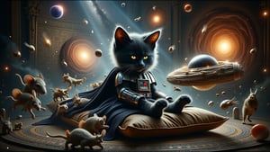 Amidst a chamber adorned with intricate ceramic mosaics that gleam under starlight streaming through a nearby window, a kitten reclines regally upon a silken cushion, its tiny paws sprawled in luxurious abandon. Within the depths of its slumbering mind, a fantastical vision unfolds: the kitten transforms into the formidable Cat Darth Vader, cloaked in a miniature, yet fearsome, armor of obsidian black. Heralding his journey across the cosmic tapestry, he commands a sleek, bowl-shaped starship, its metallic sheen reflecting the swirling galaxies beyond.
Whirling around him are whimsical phalanxes of flying mice, their translucent wings glistening like silver filigree under the glow of distant suns. A valiant squirrel navigates the celestial expanse beside him, piloting a wooden branch meticulously retrofitted as a nimble star cruiser, its trajectory aligned with a colossal, acorn-shaped asteroid that spirals through space like a majestic comet.
In the distance, a mesmerizing black hole looms, its edges shimmering with the iridescent hues of the Andromeda Nebula, entwined with the glowing tendrils of the Milky Way. These celestial wonders cast an ethereal light over the cosmic arena, as if the universe itself were an artist, painting its masterpiece. The kitten, now a galactic conqueror, charts a course through this sublime cosmos, where dreams and reality merge into an epic saga of feline valor and interstellar adventure.