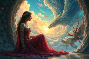 Amidst a swirling tempest of colors and shapes, a striking secular woman—whether a sorceress with shimmering energy, a warrior clad in intricately ornate medieval armor, or a cleric draped in luxurious, flowing home attire—sits gracefully by a warped window. The glass distorts her reflection as she gazes into a chaotic sky, where fantastical creatures soar: cranes with iridescent feathers, graceful roe deer with ethereal wings, swift, darting forms like fleeting shadows, and majestic dragons with scales gleaming like shards of shattered glass. The sky itself is a tumultuous canvas, alternating between the serene blush of dawn, the menacing swirl of thunderclouds crackling with energy, and the piercing brightness of a sunlit day, all converging in a dizzying dance. Capture this scene in the intricate and mind-bending style of M.C. Escher, where reality twists and spirals, challenging perception and inviting wonder. Also give the sorceress outfit a Byzantine twist with patterned cutouts and gorgeous embroidery. And go deep into the subconscious with Chris Haas' style.