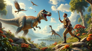 Imagine a scene from the Jurassic period where a little boy hunter, clad in makeshift prehistoric gear, leans over a cliff with a cheeky grin. He flings a stick into the air, and below, a massive Tyrannosaurus rex, sporting a collar and wagging its tail like a playful puppy, races after it. With its huge feet thundering against the ground and its tongue flapping in the wind, this dino is ready to fetch! Above, gigantic bird-like creatures swoop and squawk, perhaps wondering why this T. rex is acting more like a golden retriever than a fierce predator. Meanwhile, bizarre Paleozoic insects scuttle around, eyeing the commotion, and colossal trees tower beside vibrant Jurassic flora, providing a whimsical backdrop to this hilarious dino-boy playdate. Capture the joy and absurdity of a world where dinosaurs are just big, goofy pets!