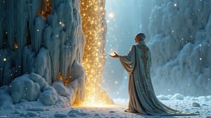 The enigmatic magician, shrouded in an ethereal mother-of-pearl robe adorned with gilded patterns and arcane runes, stands before a towering monolith. With a flick of his wrist, he summons the very winter to his command, manipulating the ice rock's surface with mesmerizing tenebrism and ray-traced reflections. One by one, he delicately lifts shimmering motes of gold dust, the 3D 8K reverse zentagle patterns dancing across the particles as they levitate in the air, captivating the senses.
The air crackles with an undercurrent of dark energy, the shadows cast by the magician's movements elongating and twisting, as if the very fabric of reality bends to his will. Each grain of dust seems to hold a universe within, a kaleidoscope of possibilities waiting to be unleashed.
The scene is one of sinister elegance, a display of power and arcane knowledge that leaves the observer both transfixed and unsettled, uncertain of the magician's true intentions. This is a moment frozen in time, a glimpse into a world where the boundaries between the natural and the supernatural blur, and the very elements themselves bow to the whims of the master of the arcane.