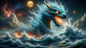 Ground-up view of a magnificent dragon emerging from the depths of the ocean, its powerful form breaking through the surface with a stunning display of swirling water and cascading bubbles. The dragon's scales shimmer like jewels, reflecting the light in hues of deep blues and iridescent greens. Its eyes blaze with fiery intensity, illuminating the dark waters around it.The atmosphere is charged with raw power, as the dragon's majestic presence creates turbulent flurries of dust and water, sending ripples across the ocean's surface. In the background, the ethereal glow of bioluminescent creatures dances in the depths, enhancing the mystical vibe.Clouds of vibrant, swirling colors mimic an explosion of spices, merging with the ocean's waves, creating a surreal masterpiece. The scene balances bright and dark elements, with rim lighting highlighting the dragon's formidable silhouette.Above, a starry galaxy stretches infinitely, with a grunge gold full moon casting its enchanting glow over the entire scene, capturing the essence of this powerful creature's rise. The painting embodies the beauty and might of the ocean's depths, blending fantasy and realism in a breathtaking display.