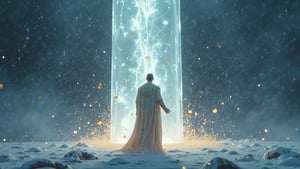 The enigmatic magician, shrouded in an ethereal mother-of-pearl robe adorned with gilded patterns and arcane runes, stands before a towering monolith. With a flick of his wrist, he summons the very winter to his command, manipulating the ice rock's surface with mesmerizing tenebrism and ray-traced reflections. One by one, he delicately lifts shimmering motes of gold dust, the 3D 8K reverse zentagle patterns dancing across the particles as they levitate in the air, captivating the senses.
The air crackles with an undercurrent of dark energy, the shadows cast by the magician's movements elongating and twisting, as if the very fabric of reality bends to his will. Each grain of dust seems to hold a universe within, a kaleidoscope of possibilities waiting to be unleashed.
The scene is one of sinister elegance, a display of power and arcane knowledge that leaves the observer both transfixed and unsettled, uncertain of the magician's true intentions. This is a moment frozen in time, a glimpse into a world where the boundaries between the natural and the supernatural blur, and the very elements themselves bow to the whims of the master of the arcane.