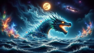 Ground-up view of a magnificent dragon emerging from the depths of the ocean, its powerful form breaking through the surface with a stunning display of swirling water and cascading bubbles. The dragon's scales shimmer like jewels, reflecting the light in hues of deep blues and iridescent greens. Its eyes blaze with fiery intensity, illuminating the dark waters around it. The atmosphere is charged with raw power, as the dragon's majestic presence creates turbulent flurries of dust and water, sending ripples across the ocean's surface. In the background, the ethereal glow of bioluminescent creatures dances in the depths, enhancing the mystical vibe. Clouds of vibrant, swirling colors mimic an explosion of spices, merging with the ocean's waves, creating a surreal masterpiece. The scene balances bright and dark elements, with rim lighting highlighting the dragon's formidable silhouette.Above, a starry galaxy stretches infinitely, with a grunge gold full moon casting its enchanting glow over the entire scene, capturing the essence of this powerful creature's rise. The painting embodies the beauty and might of the ocean's depths, blending fantasy and realism in a breathtaking display.