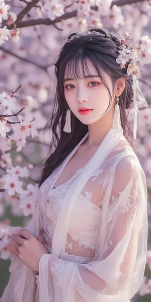 A serene Korean maiden stands alone against a backdrop of blooming cherry blossoms. She gazes at the viewer with a gentle smile, her bangs framing her heart-shaped face. Her dark hair cascades down her back and is adorned with an intricate headdress and hair ring. Her red eyes sparkle beneath voluminous lashes, and her lips are turned up in a subtle smile. A floral see-through kimono drapes her upper body, and she wears garter-belted stockings that show off her angular figure.Grammer, Sexy, Vivid colours are softened by the soft focus of the background. Her hair is styled with ribbons, and delicate earrings and tassels dangle from her ears. The camera's shallow depth of field blurs everything but the subject, emphasising her mesmerising presence.