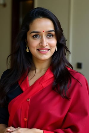 High quality ultrasharp passport photo of a woman shraddha wearing red saree and black blouse looking directly at the camera with her mouth closed and a neutral face expression. 