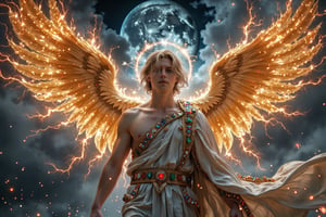 (((masterpiece))), (((best quality))), one male seraphim, 3 golden wings on left, 3 golden wings on right, wings in lightnings and fire, Greek toga with diamonds, rubies and emerals, light bearer, broken halo, blonde hair, 1 red eye, 1 green eye, cloud_scape, dawn on background, big planet Venus on background in blue fog, dynamic angle, full height, full body, realistic, photo realism, high detail, 8k, hi res