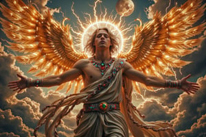 (((masterpiece))), (((best quality))), one male seraphim, 3 golden wings on left, 3 golden wings on right, wings in lightnings, Greek toga with diamonds, rubies and emerals, light bearer, broken halo, blonde hair, 1 red eye, 1 green eye, cloud_scape, dawn on background, big planet Venus on background, dynamic angle, full height, full body, realistic, photo realism, high detail, 8k, hi res