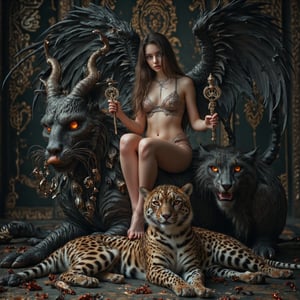 masterpiece, best quality, Lilith, beautiful petite girl, brunette, long hair, holding ankh in each hand, sitting on big ugly demon with 3 horns and bat wings, leaning forward, beauty, dark angel wings, transparent ghost mini bikini, sexy, lying jackal in front, ostrich behind, leopard, cheetah, wild cats, dynamic angle, full height, full body, realistic, photo realism, high quality photo, high detail, 4k, hi res