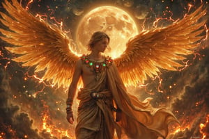 (((masterpiece))), (((best quality))), one male angel, 3 golden wings on left side, 3 golden wings on right side, wings in lightnings and fire, Greek toga with diamonds, rubies and emeralds, light bearer, broken halo in fire, blonde hair, 1 left red eye, 1 right green eye, cloud_scape, dawn on background, big yellow planet Venus on background, dynamic angle, full height, full body, realistic, photo realism, high detail, 4k, hi res