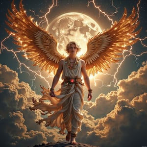 (((masterpiece))), (((best quality))), one male angel, 3 golden wings on left, 3 golden wings on right, wings in lightnings, Greek toga with diamonds, rubies and emerals, light bearer, broken halo, blonde hair, 1 red eye, 1 green eye, cloud_scape, dawn on background, big planet Venus on background, dynamic angle, full height, full body, realistic, photo realism, high detail, 8k, hi res