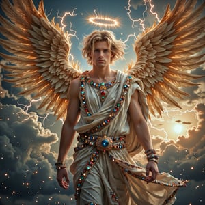 (((masterpiece))), (((best quality))), one male angel, 3 golden wings on left, 3 golden wings on right, wings in lightnings, Greek toga with diamonds, rubies and emerals, light bearer, broken halo over the head, blonde hair, Blue eyes, cloud_scape, dawn on background, Venus on background, dynamic angle, full height, full body, realistic, photo realism, high detail, 8k, hi res