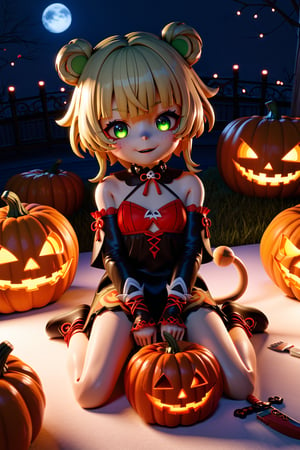 Halloween, Genshin Impact, sayu, little girl, Big head, small body, big green eyes, blonde hair, short hair, tail and tanuki ears, Chucky's clothes, knife with red jam, lying face to a pumpkin, evil face, Kneeling, giant cala aza, I have not, warm lights, 3d body,