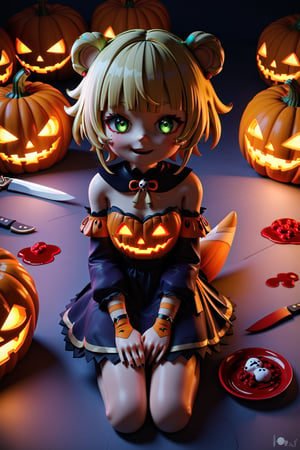 Halloween, Genshin Impact, sayu, little girl, Big head, small body, big green eyes, blonde hair, short hair, tail and tanuki ears, Chucky's clothes, knife with red jam, lying face to a pumpkin, evil face, Kneeling, giant cala aza, I have not, warm lights, 3d body,