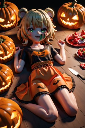 Halloween, Genshin Impact, sayu, little girl, Big head, small body, big green eyes, blonde hair, short hair, tail and tanuki ears, Chucky's clothes, Plastic knife stained with strawberry jam, lying face to a pumpkin, evil face, Kneeling, giant cala aza, I have not, warm lights, 3d body, Red jam on the floor, jam on the pumpkin,