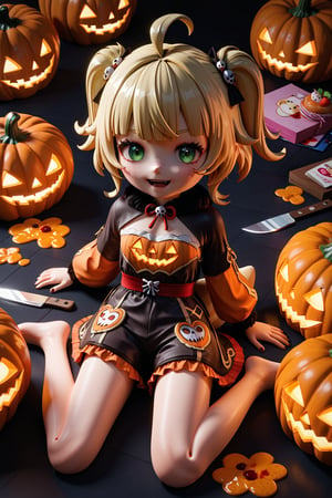 Halloween, Genshin Impact, sayu, little girl, Big head, small body, big green eyes, blonde hair, short hair, tail and tanuki ears, Chucky's clothes, Plastic knife stained with strawberry jam, lying face to a pumpkin, evil face, Kneeling, giant cala aza, I have not, warm lights, 3d body, Red jam on the floor, jam on the pumpkin, sitting