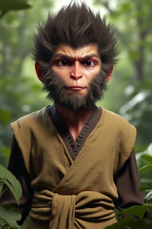 A juvenile monkey dressed in very simple style plain cloth tunic,  
very happy, smile very happily, detailed eyes, photorealistic,  in a lush jungle.
ancient times.
furry,Wukong