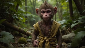 A juvenile monkey dressed in very simple style plain cloth tunic,  
very happy, detailed eyes, photorealistic,  in a lush jungle.
ancient times.
furry