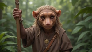 Epic full body photo insane details, 
A little thin light brown bonobo anthro, with brown eyes in a realistic furry style, with a handsome, happy smile, dressed in very simple style medieval tunic,
holds up a beautifully carved long stick in his right hand. 
His left hand is tucked out of sight in his pocket. 
In the background an out-of-focus jungle scene, detailed eyes, fantasy style, smirking, full_body
anthro,furry