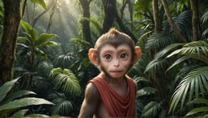 A juvenile monkey dressed in very simple style plain cloth tunic,  
very happy, detailed eyes, photorealistic,  in a lush jungle.
ancient times.
furry