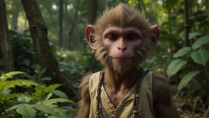 A juvenile monkey dressed in very simple style plain cloth tunic,  
very happy, detailed eyes, photorealistic,  in a lush jungle.
ancient times.
furry