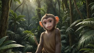 A juvenile monkey dressed in very simple style plain cloth tunic,  
happy, detailed eyes, photorealistic,  in a lush jungle.
ancient times.
furry