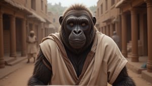 Epic full body photo insane details, 
A juvenile male gorilla dressed in very simple style plain cloth tunic,  
happy, detailed eyes, photorealistic,  
Scene on the streets of ancient times.
anthro,furry