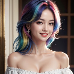 masterpiece, best quality, photorealistic, raw photo, 1girl, long hair, blouse, light smile, detailed skin, pore, off_shoulder, Realism, rainbow hair, rich color