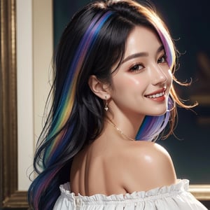 masterpiece, best quality, photorealistic, raw photo, 1girl, long hair, blouse, light smile, left side face, detailed skin, pore, off_shoulder, Realism, rainbow hair, rich color