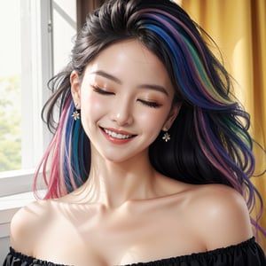 masterpiece, best quality, photorealistic, raw photo, 1girl, long hair, blouse, wide smile, 1 eye closed, detailed skin, pore, off_shoulder, Realism, rainbow hair, rich color