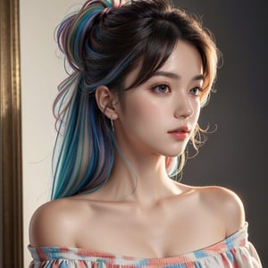 masterpiece, best quality, photorealistic, raw photo, 1girl, long hair, blouse, looking cute,  detailed skin, pore, off_shoulder, Realism, rainbow hair, rich color