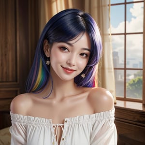 masterpiece, best quality, photorealistic, raw photo, 1girl, long hair, blouse, light smile, detailed skin, pore, off_shoulder, Realism, rainbow hair, rich color