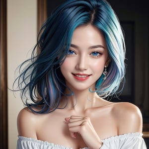 masterpiece, best quality, photorealistic, raw photo, 1girl, long hair, blouse, wide smile, winking blue eyes, detailed skin, pore, off_shoulder, Realism, rainbow hair, rich color