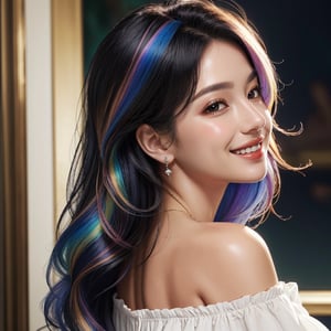 masterpiece, best quality, photorealistic, raw photo, 1girl, long hair, blouse, light smile, right side face, detailed skin, pore, off_shoulder, Realism, rainbow hair, rich color