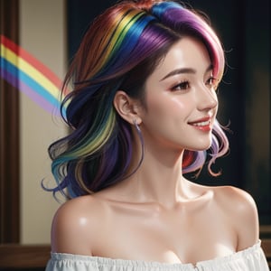 masterpiece, best quality, photorealistic, raw photo, 1girl, long hair, blouse, light smile, side face, detailed skin, pore, off_shoulder, Realism, rainbow hair, rich color